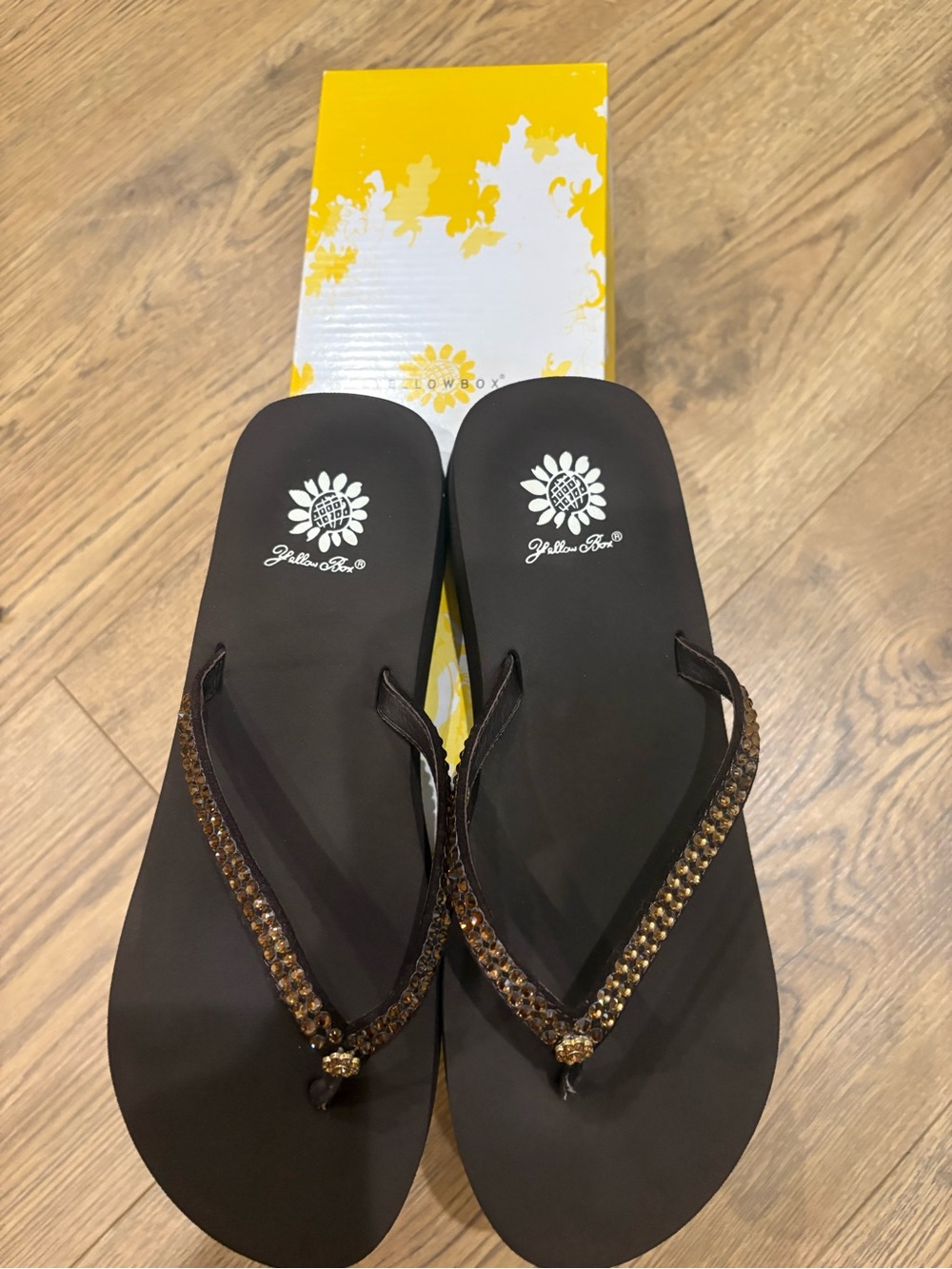 Yellow Box Brown Flip Flop Sandals with Brown Gem Straps